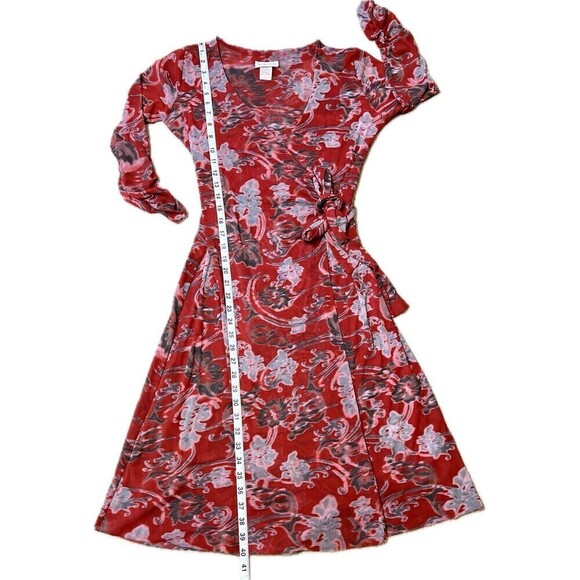 Kokoon Women’s Ruched Sleeve Raw Edge Floral Red Stretchy V-neck Wrap‎ Dress S - Picture 11 of 12